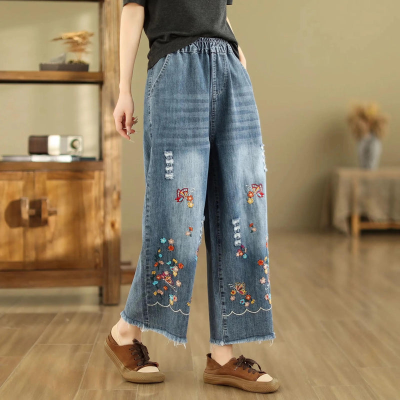 embroidered wide leg denim pants, view 3 - MRSLM