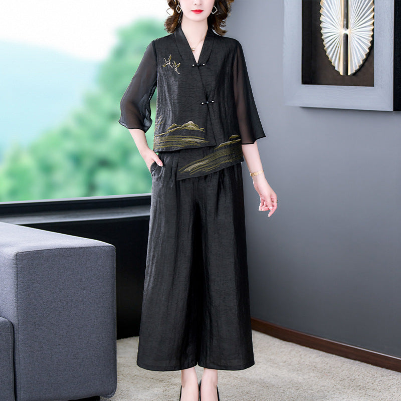 embroidered irregular top and wide-leg pants set, view 10 - MRSLM