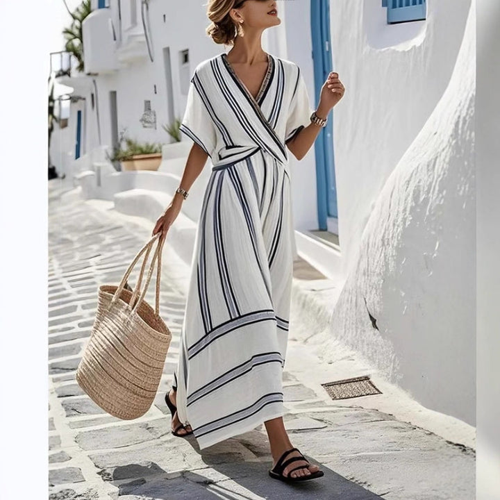 Summer Vacation V-Neck Womens Short-Sleeve Pleated Maxi Dress