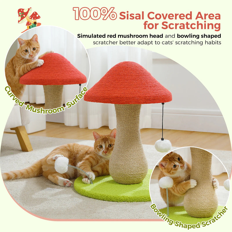 mushroom cat scratching post with sisal and pompoms, view 3 - MRSLM