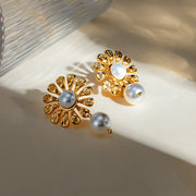 18k gold plated sunflower pearl earrings, view 5 - MRSLM