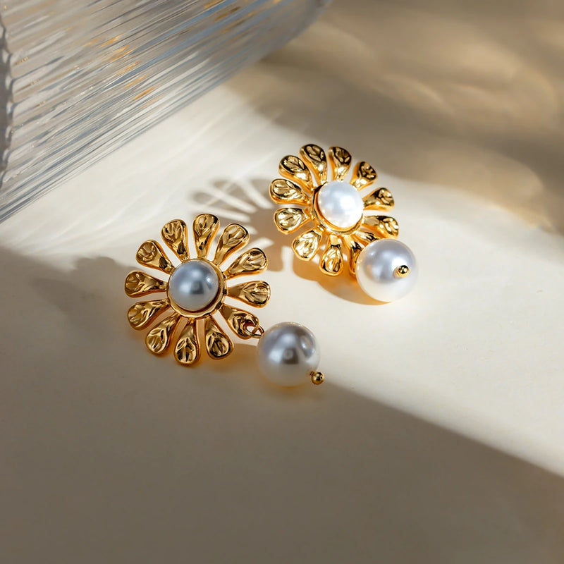18k gold plated sunflower pearl earrings, view 5 - MRSLM
