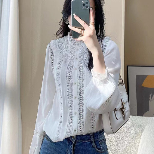 women's round neck lace white blouse - MRSLM