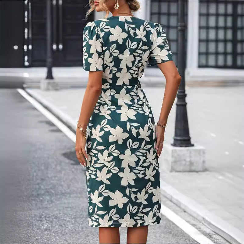 women's printed V-neck dress, view 3 - MRSLM