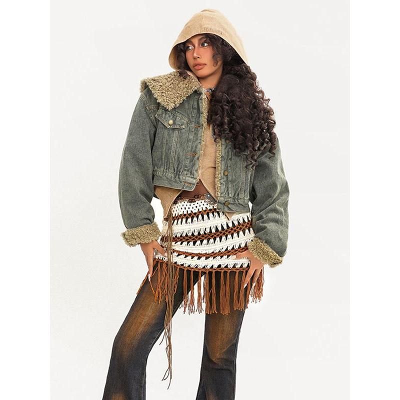 Women's vintage denim lambhair jacket, view 5 - MRSLM