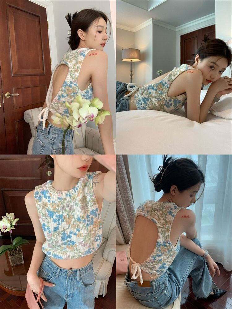 women's floral lace-up knit vest, view 4 - MRSLM