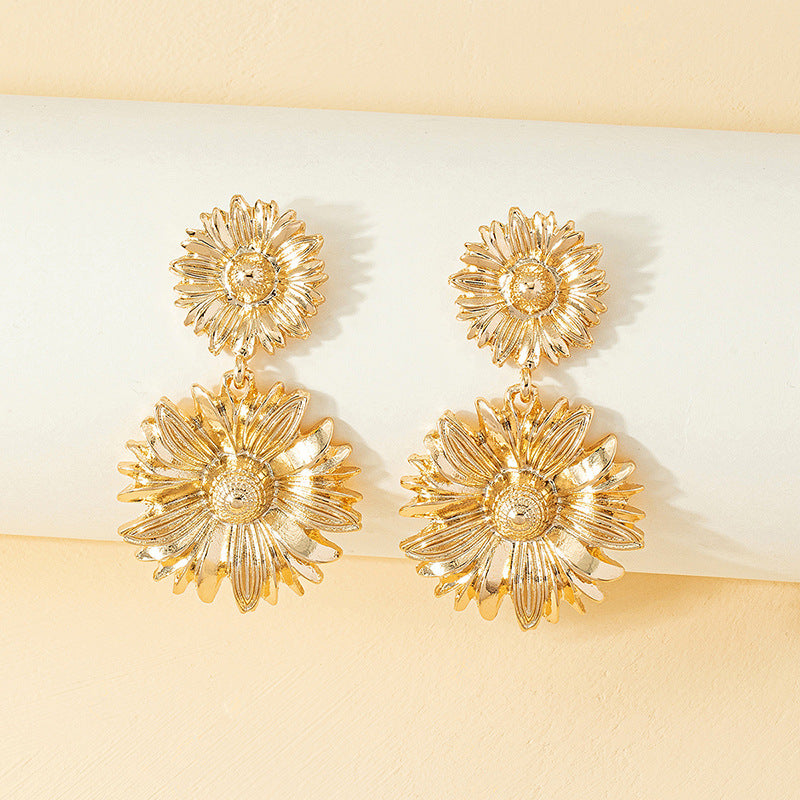 Golden chrysanthemum flower drop earrings, view 6 - MRSLM