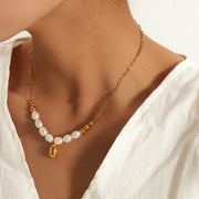 pearl pendant necklace with gold drop, view 3 - MRSLM