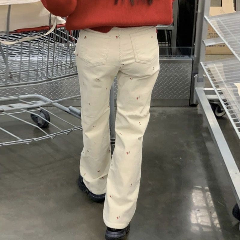Retro Cherry Embroidered Corduroy Straight Casual Trousers