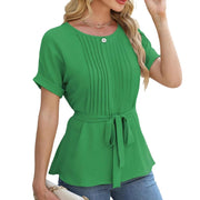 Women's ruffled pleated round neck top, view 5 - MRSLM