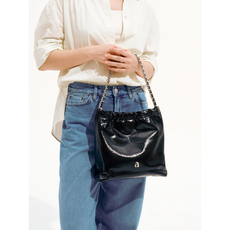 split leather chain tote bag, view 11 - MRSLM