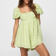 plaid puff sleeve jumpsuit dress - MRSLM