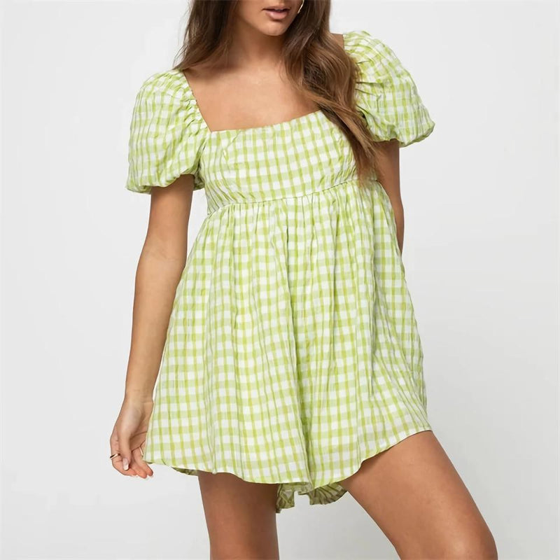 plaid puff sleeve jumpsuit dress - MRSLM