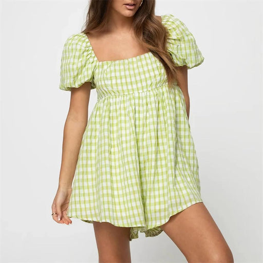 plaid puff sleeve jumpsuit dress - MRSLM