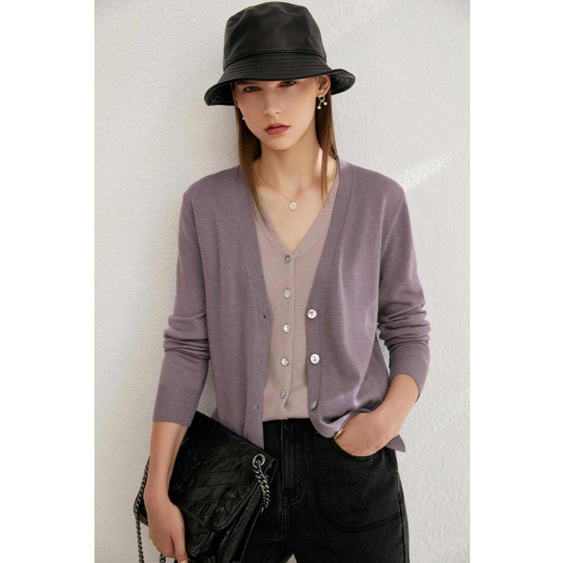 minimalist v-neck wool blend cardigan, view 5 - MRSLM