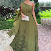 Olive off-shoulder pleated high waist dress, view 3 - MRSLM