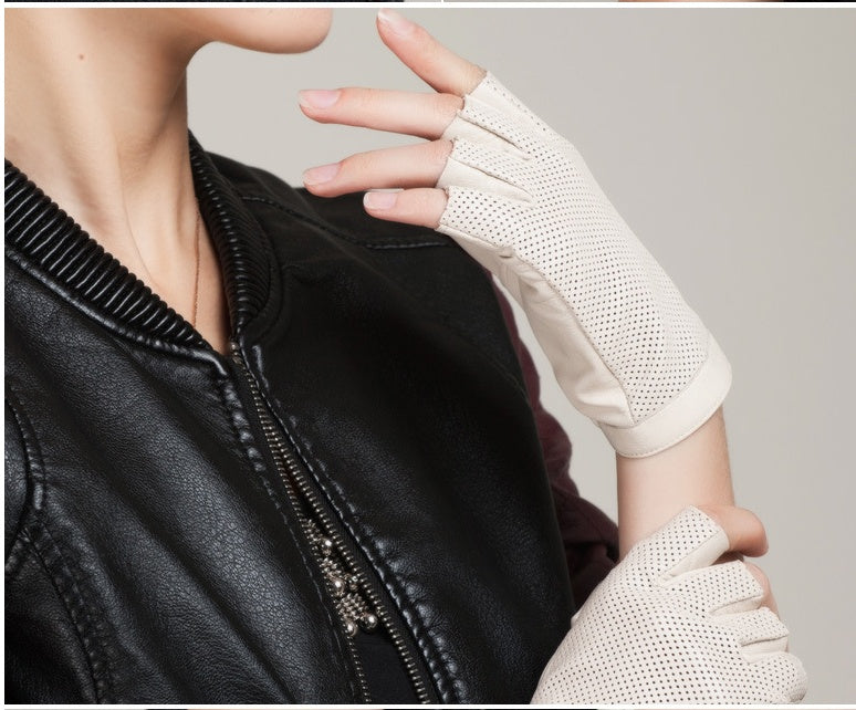sheepskin leather half finger gloves, view 2 - MRSLM