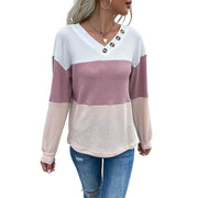 women's color block v-neck waffle knit pullover, view 6 - MRSLM