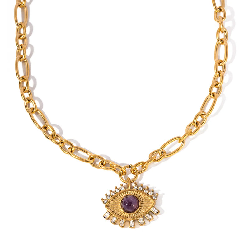 stainless steel evil eye amethyst necklace, view 2 - MRSLM