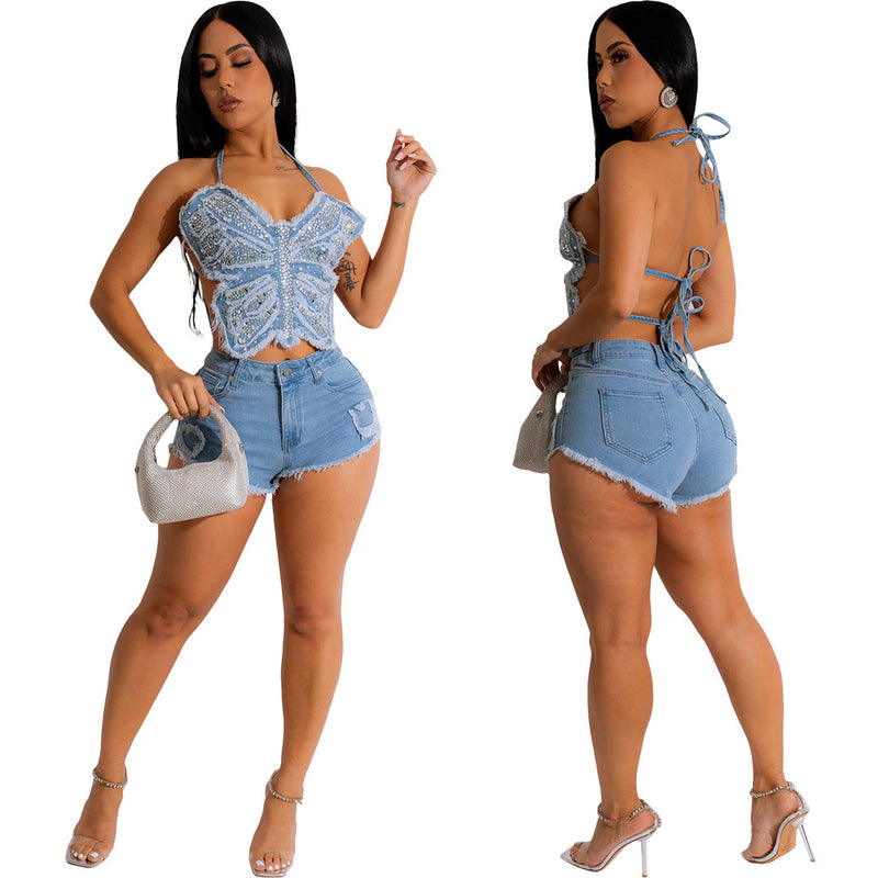 denim rhinestone butterfly strap top and shorts set, view 7 - MRSLM