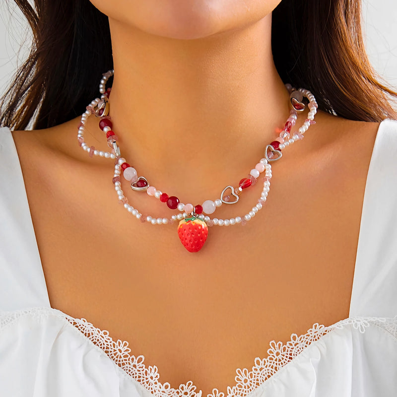 strawberry heart pearl choker necklace, view 6 - MRSLM