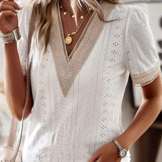 women's v-neck lace puff sleeve top - MRSLM