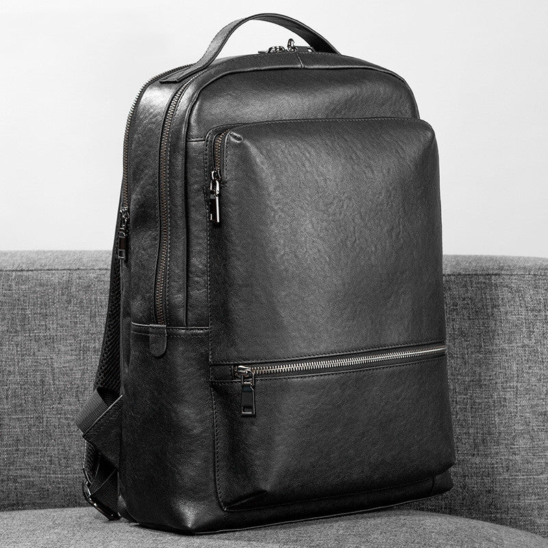Men's solid black leather backpack, view 2 - MRSLM