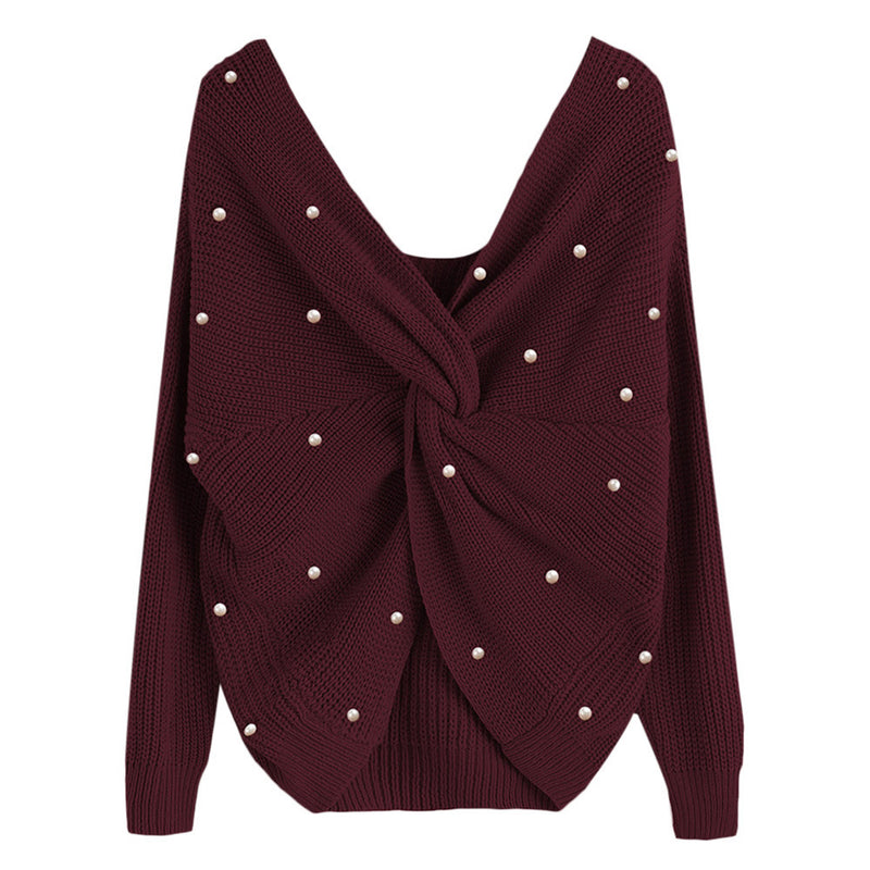 women's v-neck cross backless knit sweater, view 17 - MRSLM