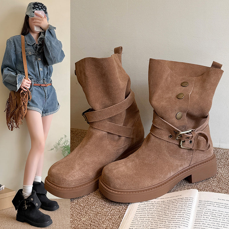 Women's suede platform buckle biker boots, view 7 - MRSLM
