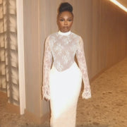 white slim lace long sleeve dress, view 3 - MRSLM