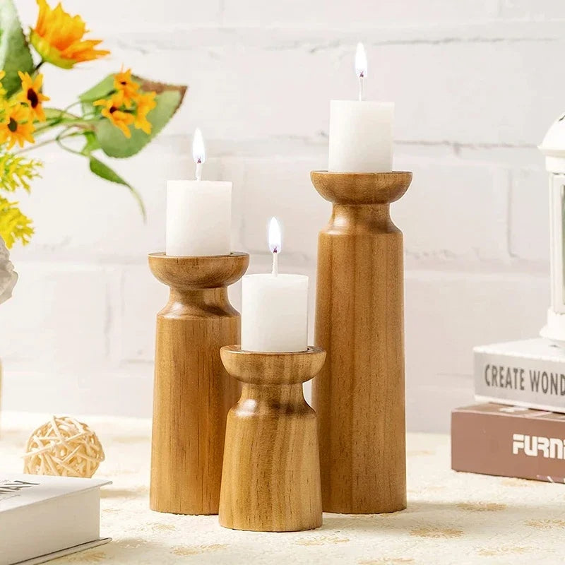 rustic wooden candlestick holders, view 3 - MRSLM