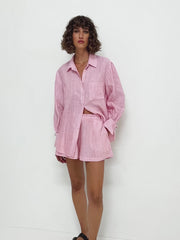 women's cotton striped shirt and shorts outfit, view 9 - MRSLM