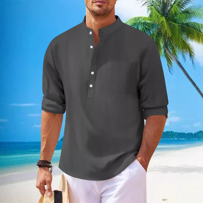 men's cotton stand collar long sleeve shirt, view 4 - MRSLM