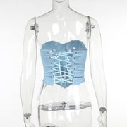 Y2K faux denim tube top with back-tied design, view 6 - MRSLM