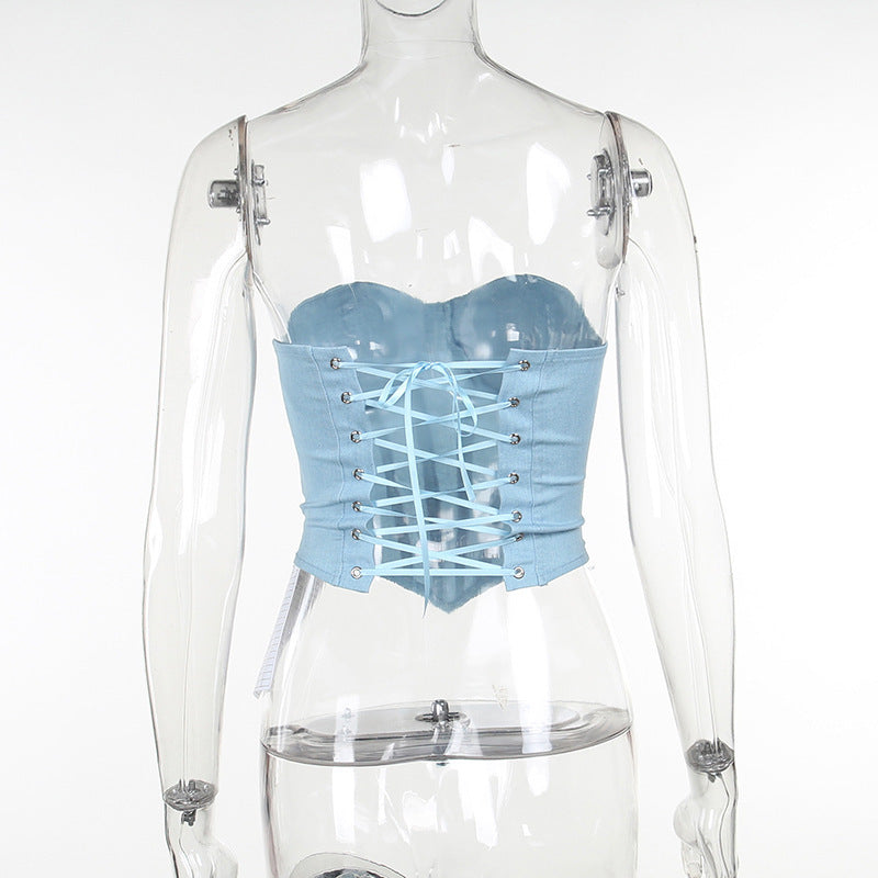 Y2K faux denim tube top with back-tied design, view 6 - MRSLM
