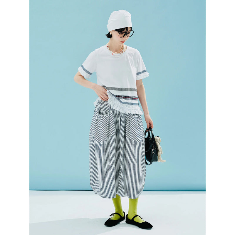 plaid lace color block T-shirt, view 5 - MRSLM