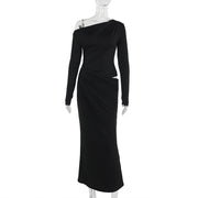 slim-fit slant shoulder hollow-out pleated dress women, view 6 - MRSLM
