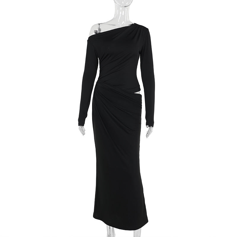 slim-fit slant shoulder hollow-out pleated dress women, view 6 - MRSLM