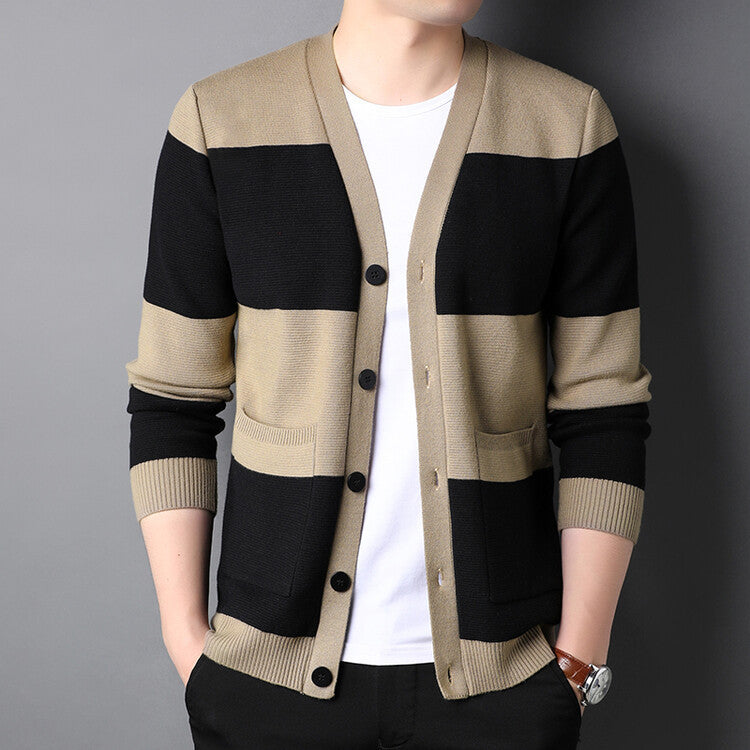 Spring And Autumn Men's Striped Cardigan Single-breasted Long Sleeve Color Matching Casual Sweater Coat