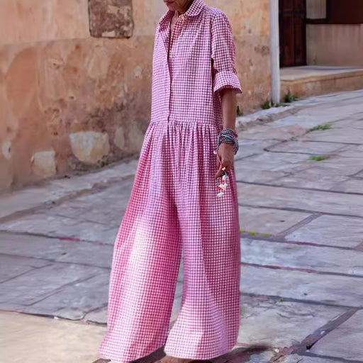 plaid blouse collar jumpsuit - MRSLM