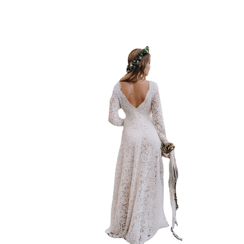 white lace deep V-neck long dress, view 5 - MRSLM