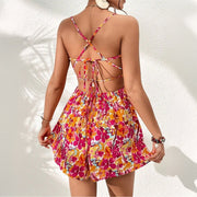 Women's floral print lace-up back short dress, view 4 - MRSLM