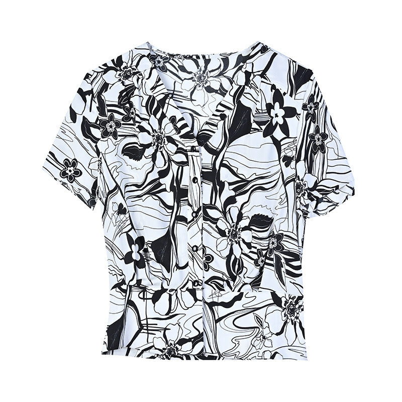 women's floral short sleeve v-neck shirt, view 3 - MRSLM