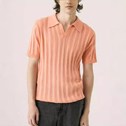 mens lapel solid color knitted short sleeve top - MRSLM