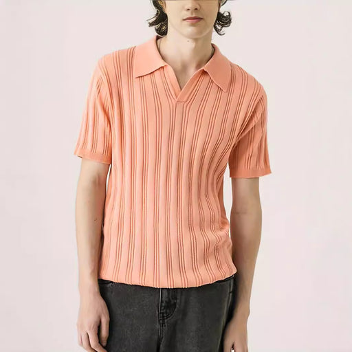 mens lapel solid color knitted short sleeve top - MRSLM