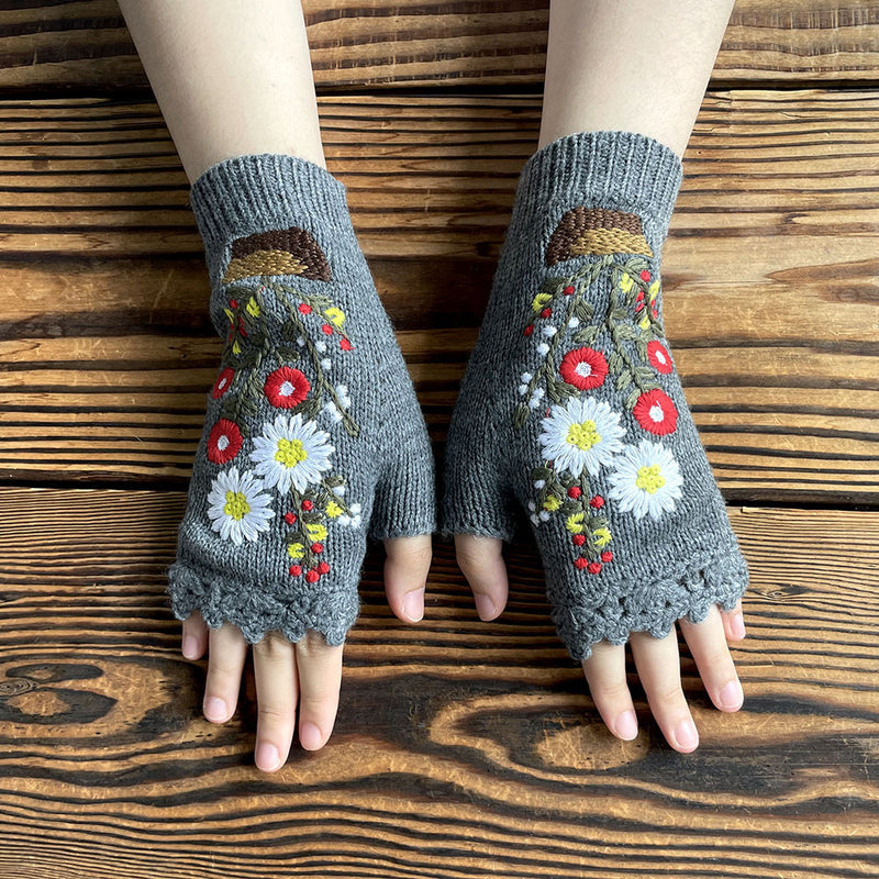 embroidered floral knitted half finger gloves, view 2 - MRSLM