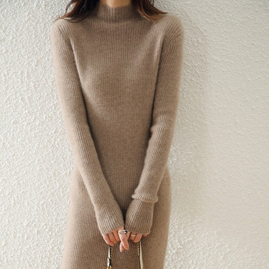 Women's slim-fit long knitted wool dress - MRSLM