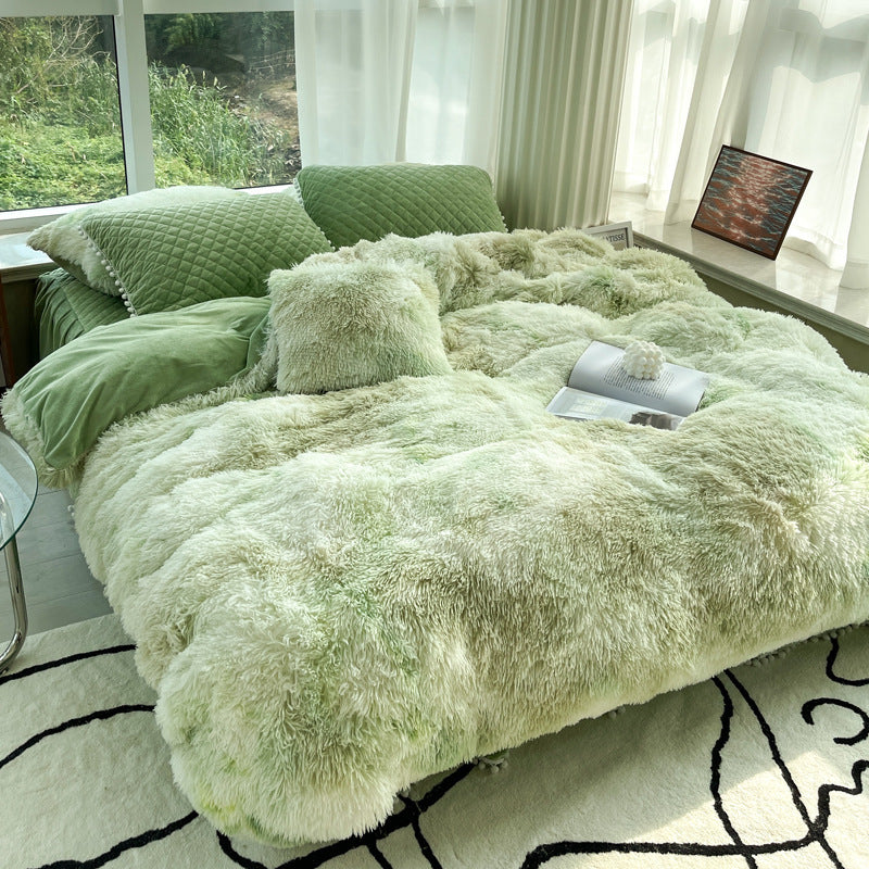 Milk Fiber Winter Faux Mink Bed Four-piece Long Plush Quilt Cover Coral Velvet Double-sided Plush Fleece-lined Quilted Bed Skirt Princess Style