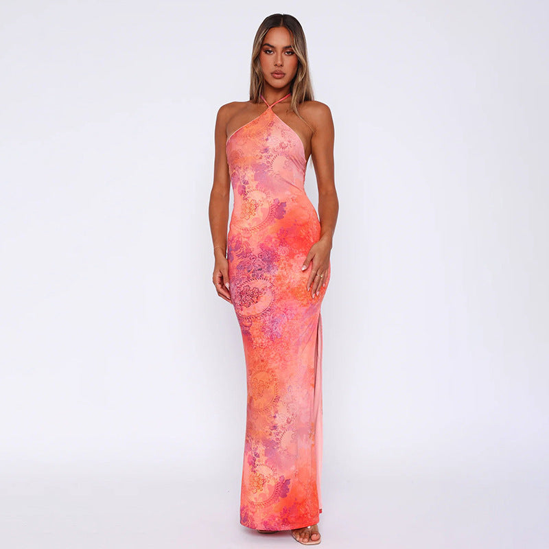 Orange halter printed dress, view 6 - MRSLM