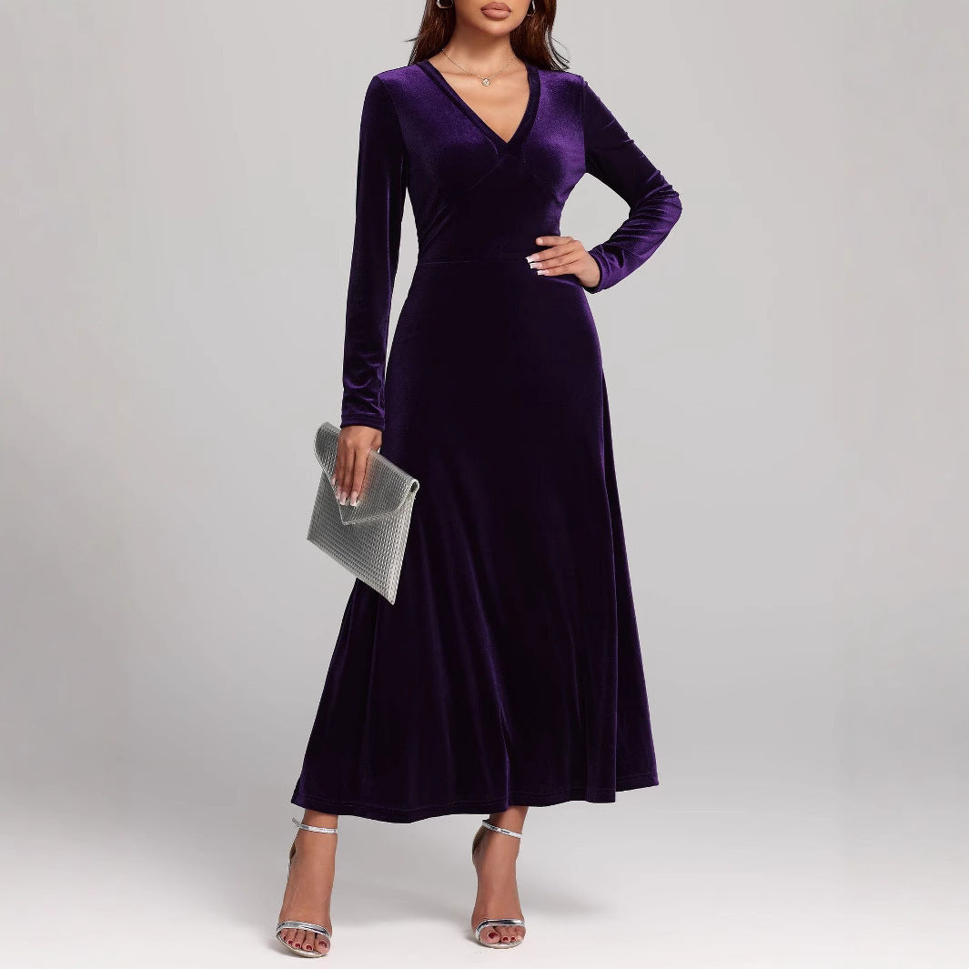 V-neck Long Sleeve Evening Dress Pleuche Dress